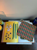 orange, salmon, yellow, peacock, green, robins egg